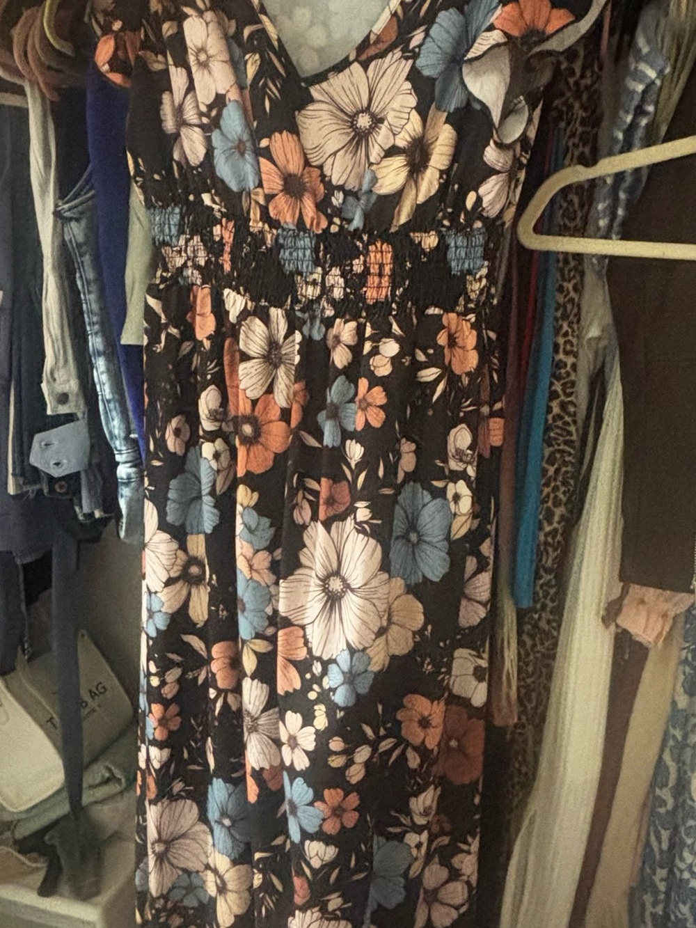 Floral Smocked Waist Sundress in Black with Blue & Peach Blooms